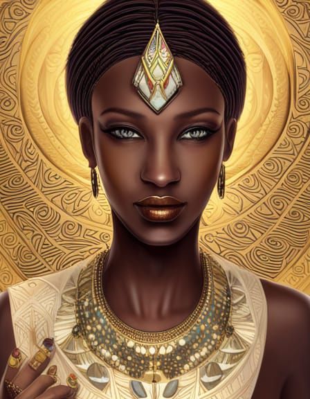 Egyptian pharaoh queen laden with gold jewellery detailed intricate realistic head and shoulders portrait, 8k resolution...