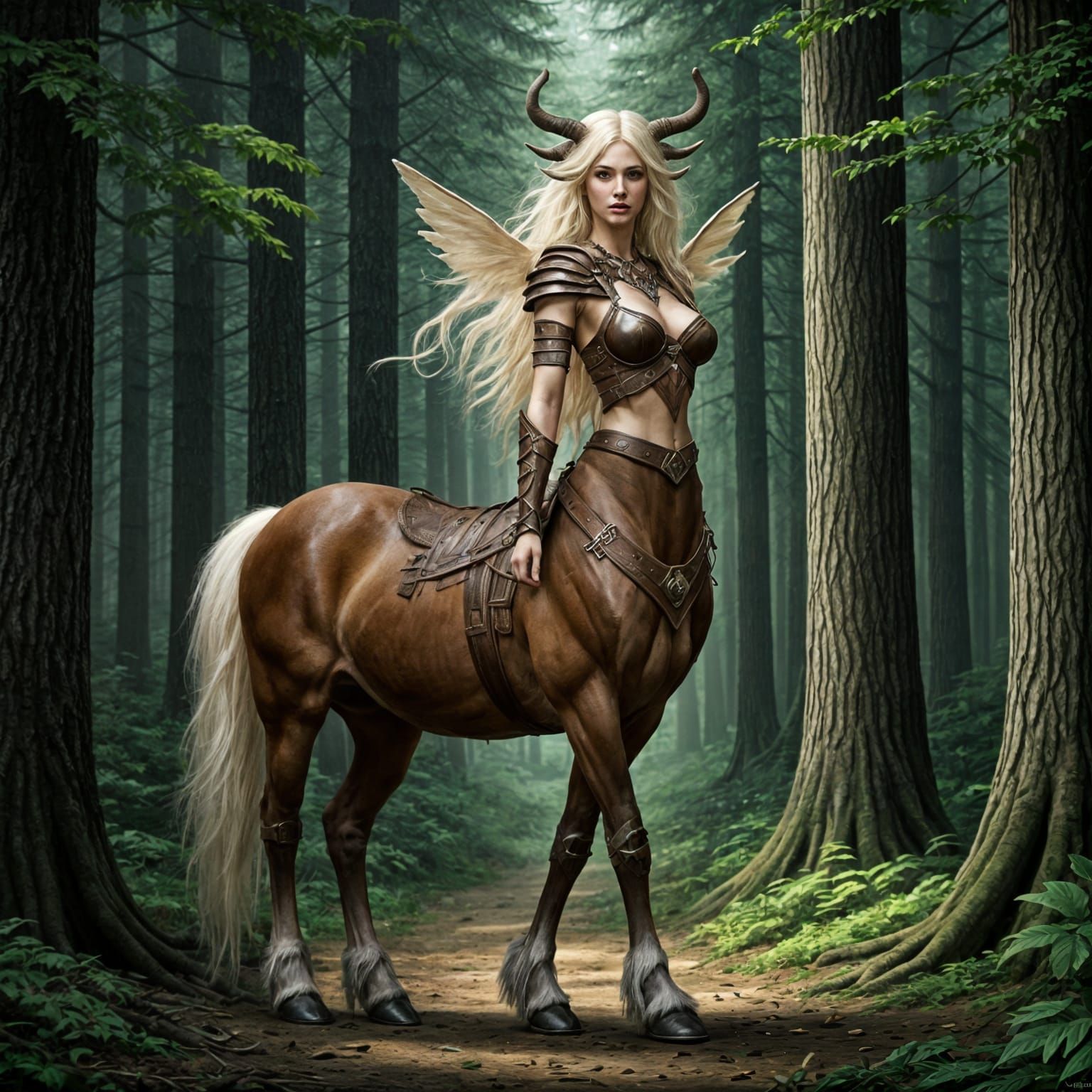 Ethereal Female Centaur in Leather Armor in Forest