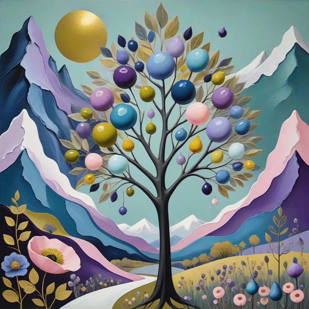 Surreal Abstract Painting of Gemstones and Nature