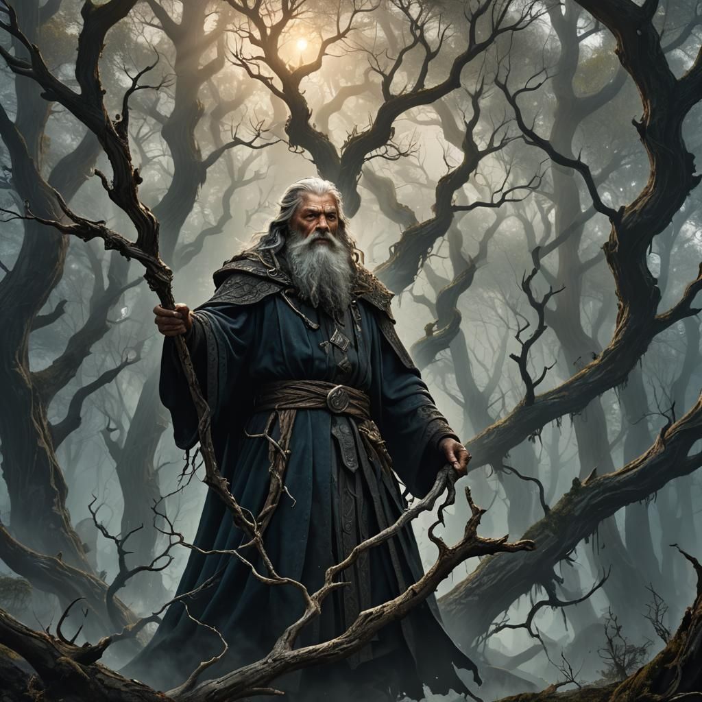 Mystical Wizard Confronts Sorceress in Dark Forest