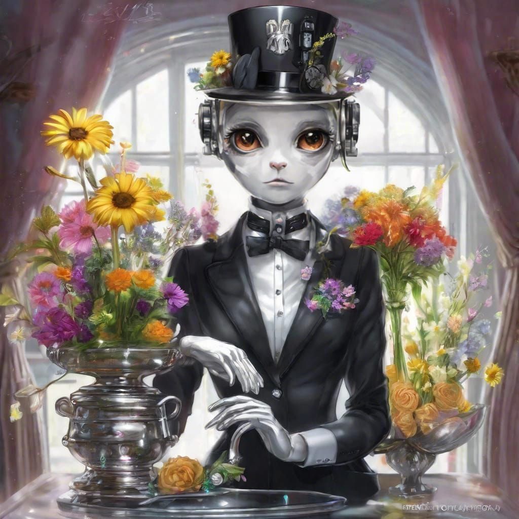 Cute Robot Butler with Holographic Cat Face