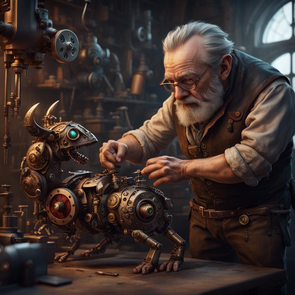 Steampunk Halfling Inventor Creating Mechanical Animal