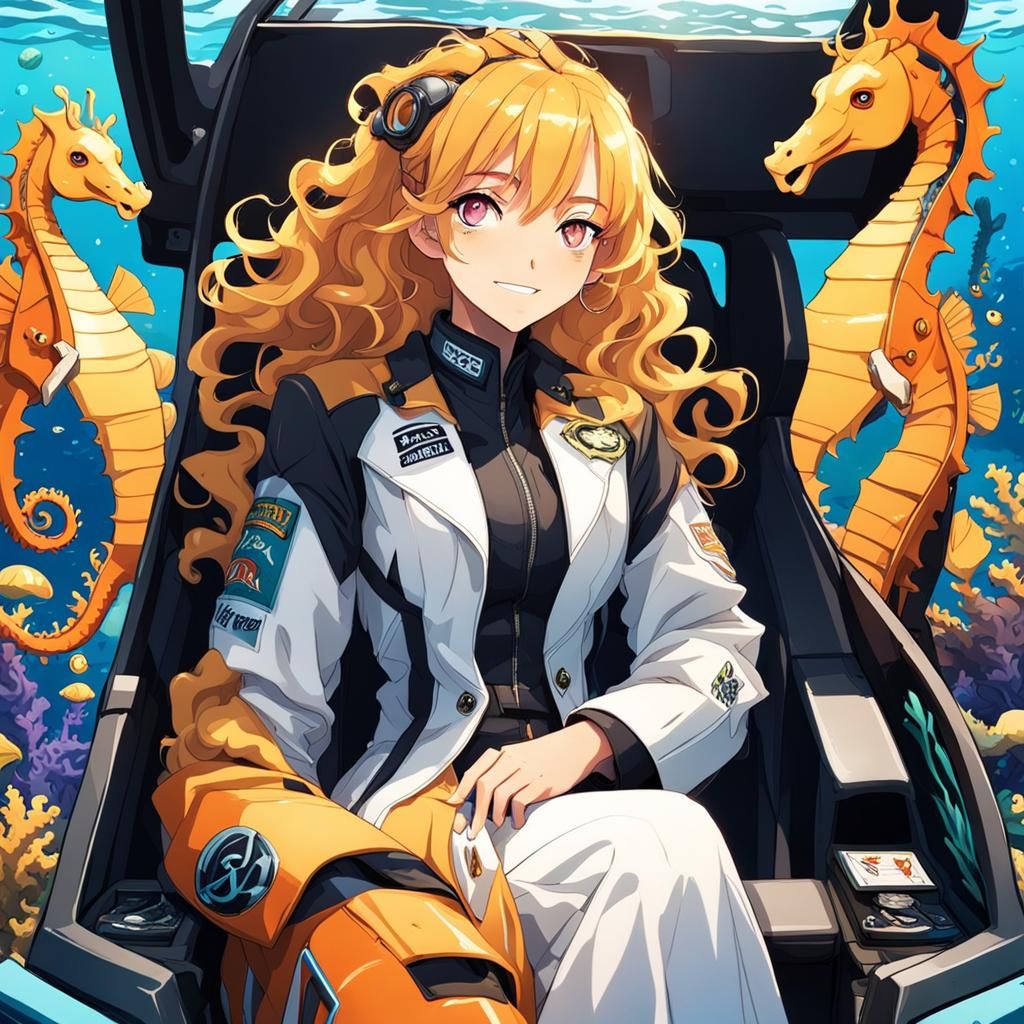 Anime Girl Races Sea Car in the Deep Ocean
