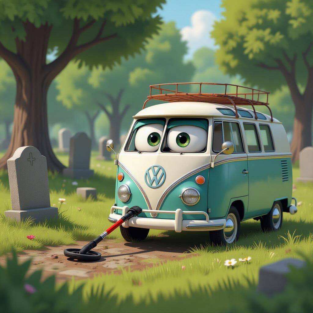 Wimpy VW Car with Human Face Metal Detecting in Cemetery