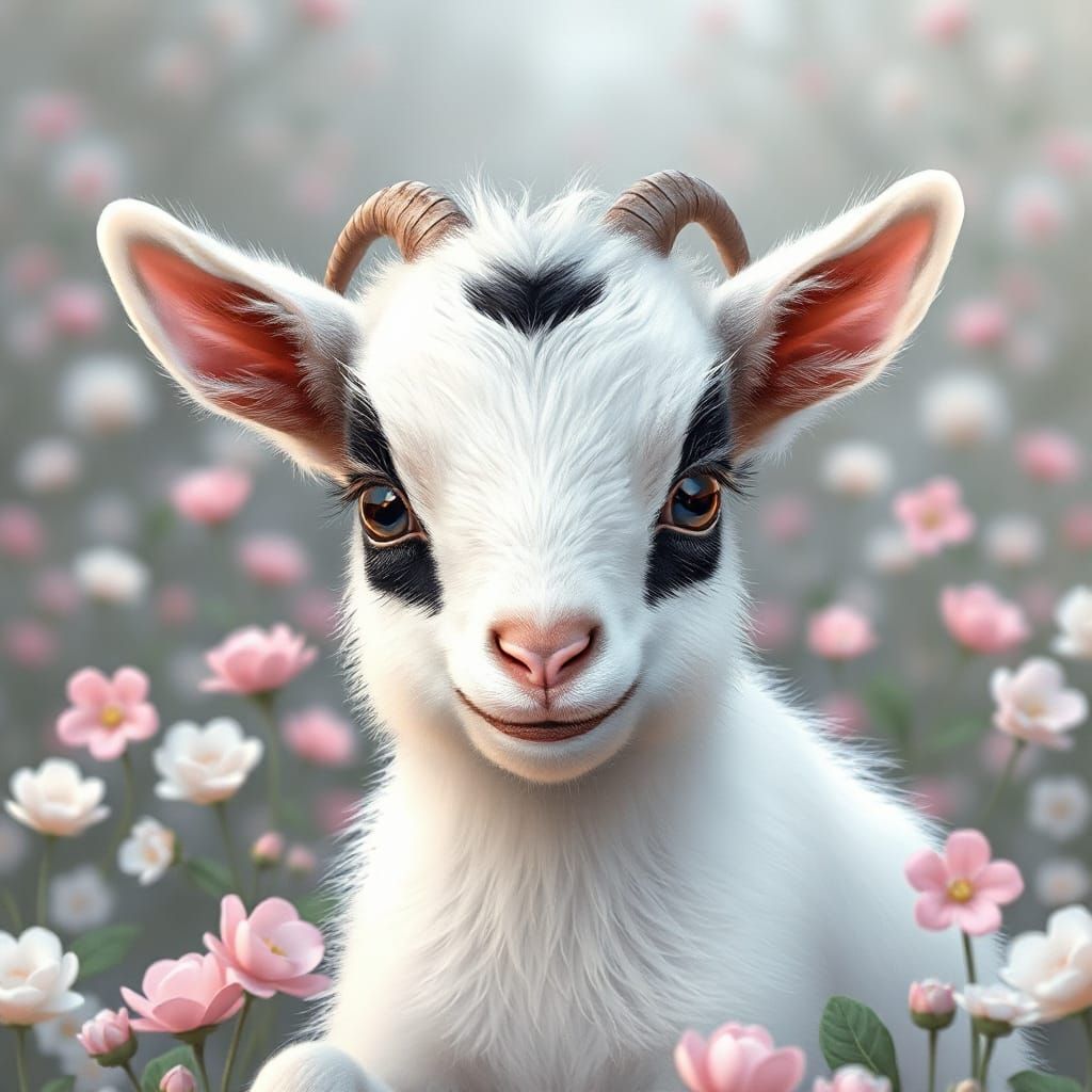 Whimsical White Baby Goat in Enchanted Clover Scene