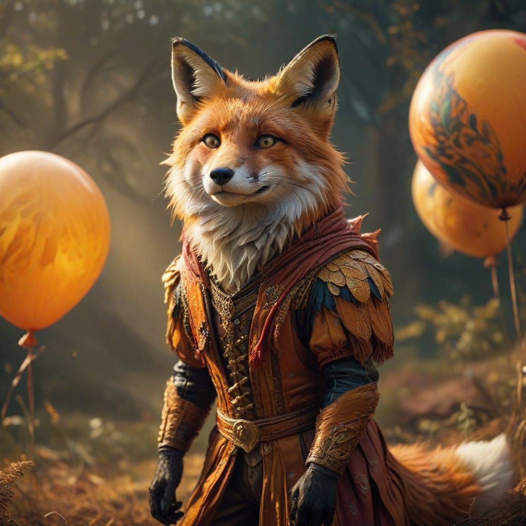 Hyperrealistic Fox in Vibrant Costume on Balloon