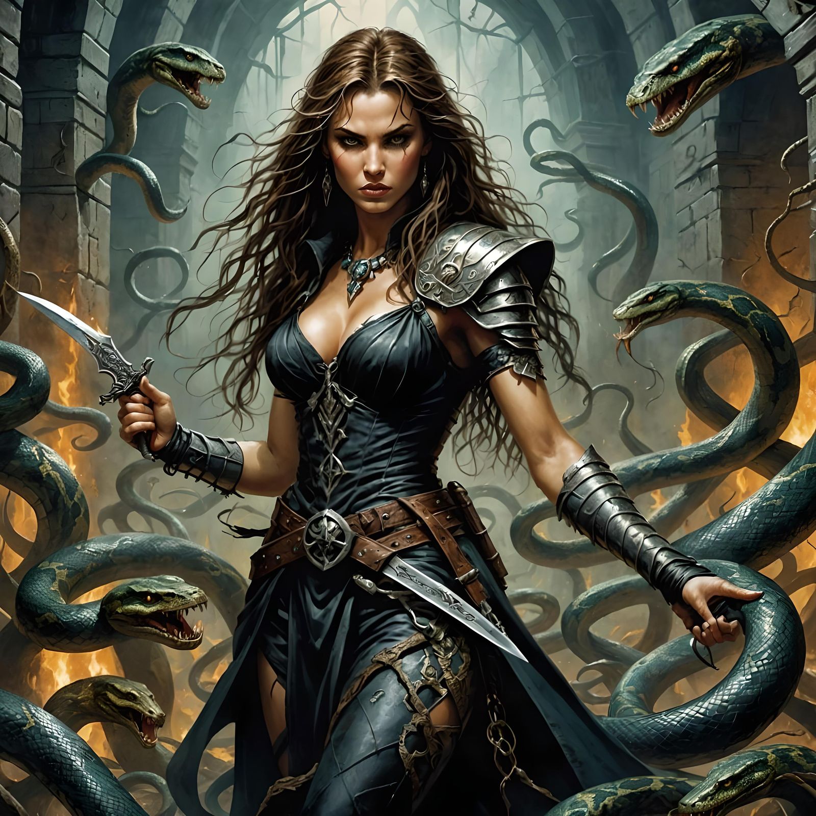 Adventuress in Snake Pit: Dark Fantasy Illustration