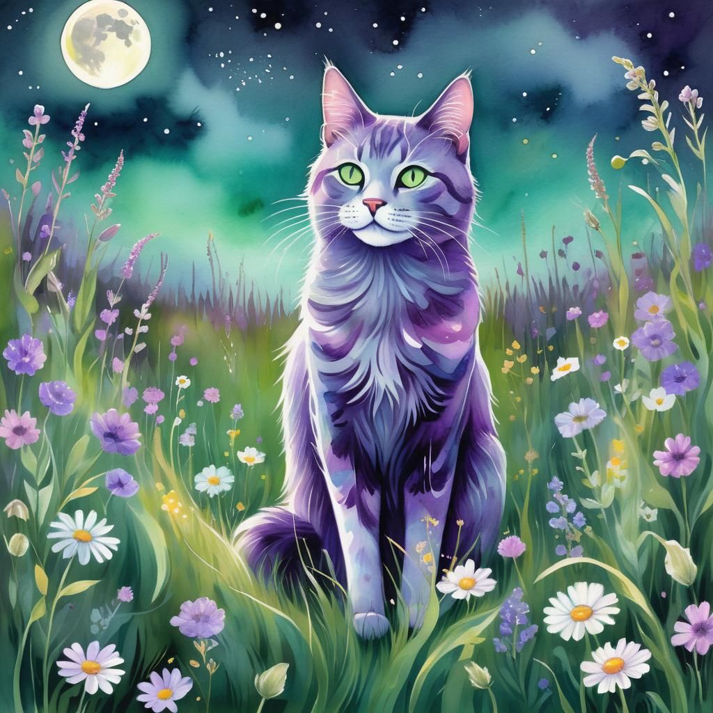 Whimsical Purple Cat Under a Full Moon