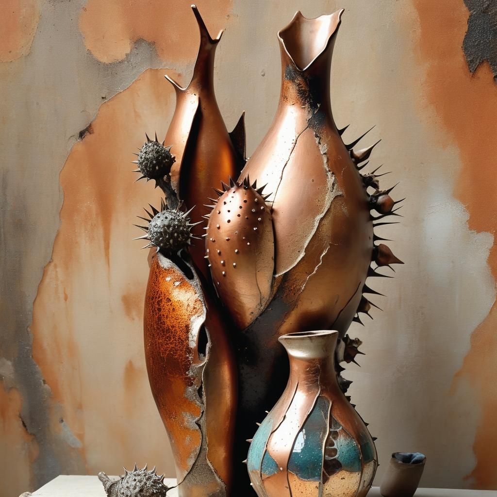 Spiky Seed Pods and Vase in Postmodern Sculpture