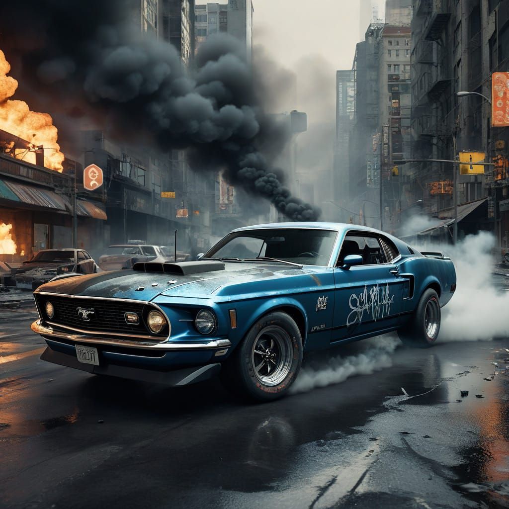 Sleek Mustang Speeds Through Futuristic Cityscape in a Post-...