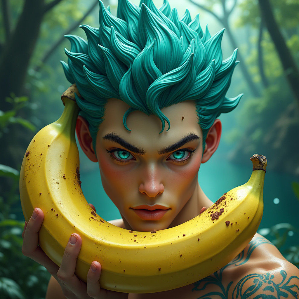 Surreal Banana Eats Man in Fantasy Landscape