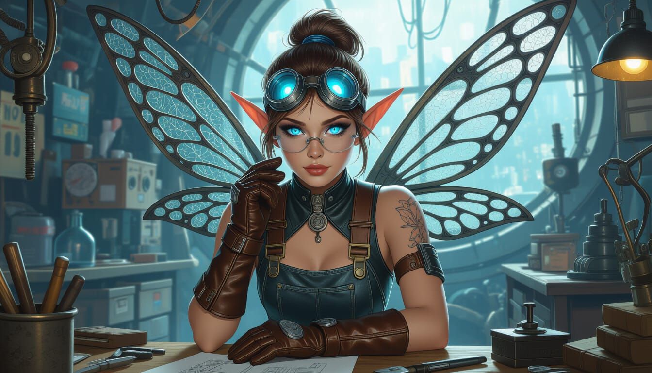 Mechanic Fairy with Metal Wings in Whimsical Workshop