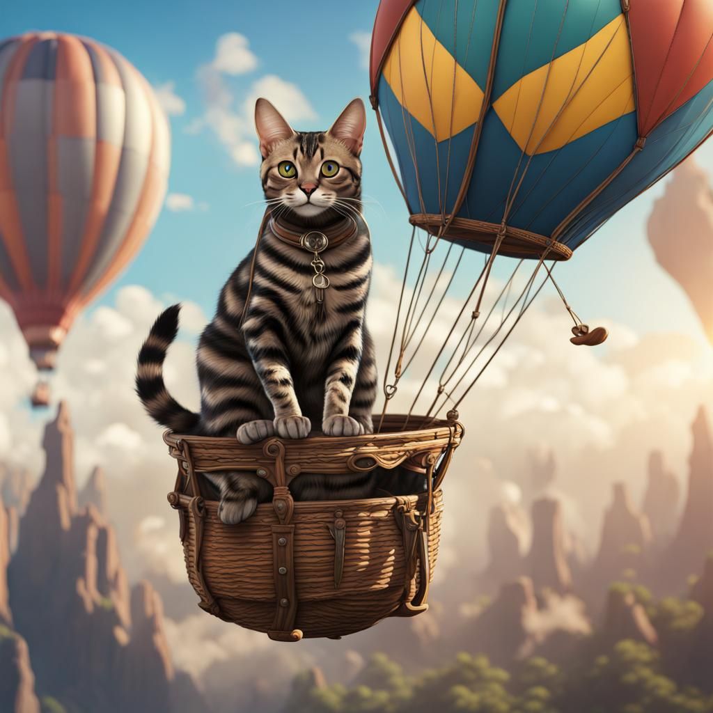 Bengal Cat Rides Hot Air Balloon: Detailed Matte Painting