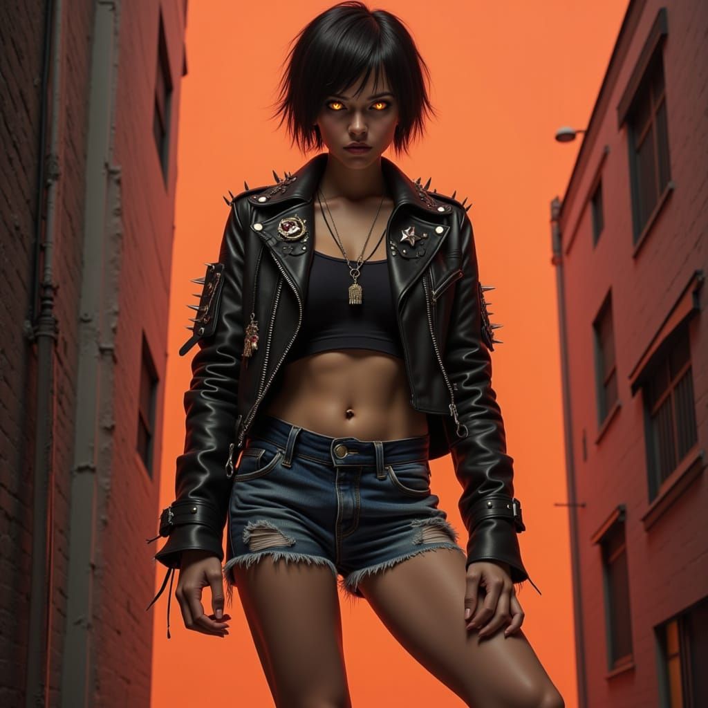 Urban Woman with Piercing Gaze in Gritty Anime Style