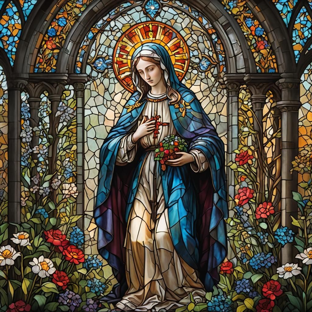 Holy Mary in Gothic Stained Glass Garden