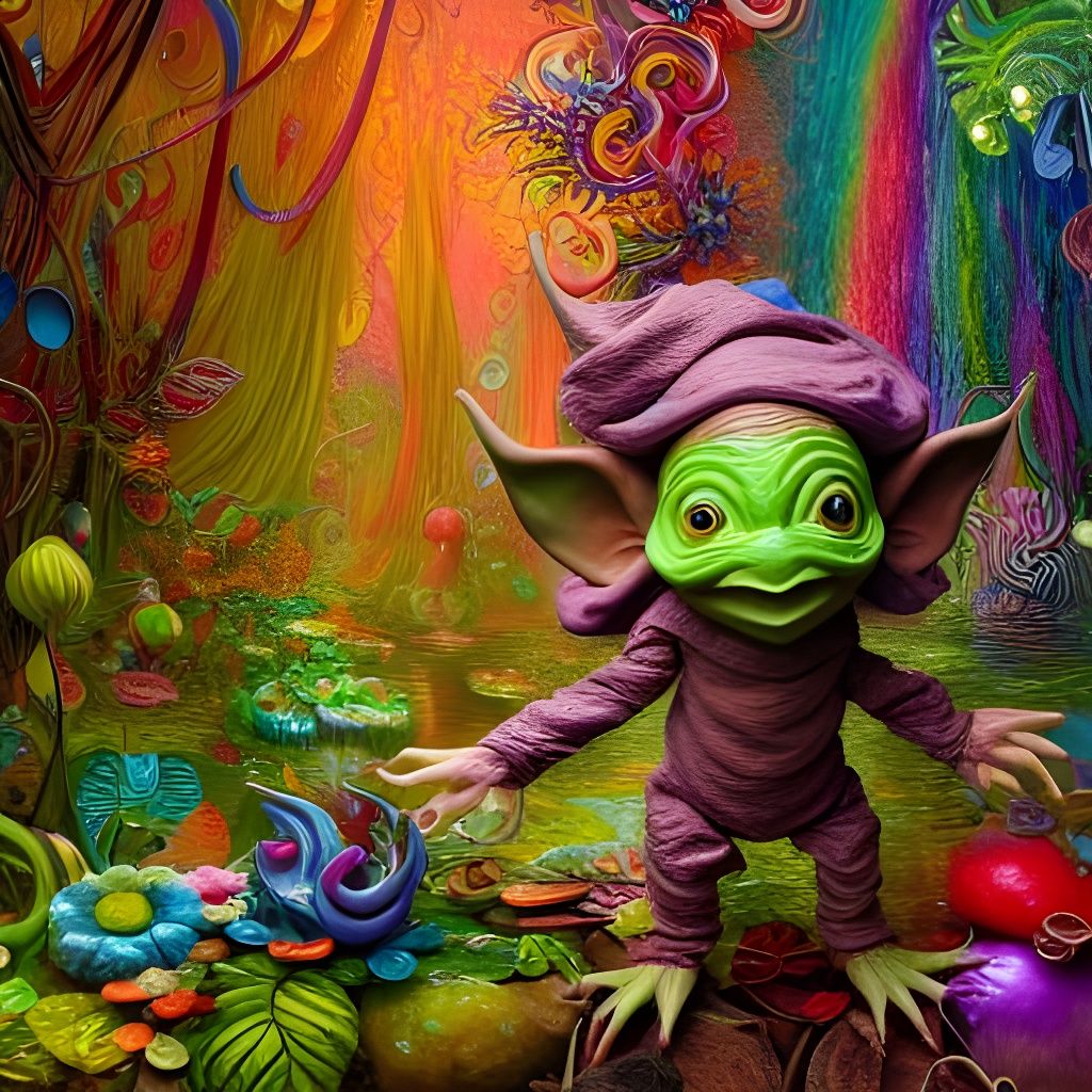 Adorable Goblin in a Surreal Rainbow Forest