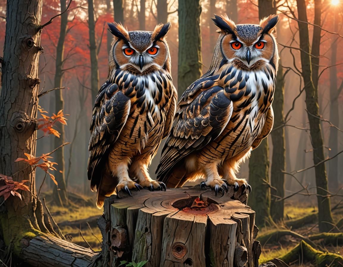 Eagle Owl Perched on Stump in Forest Clearing