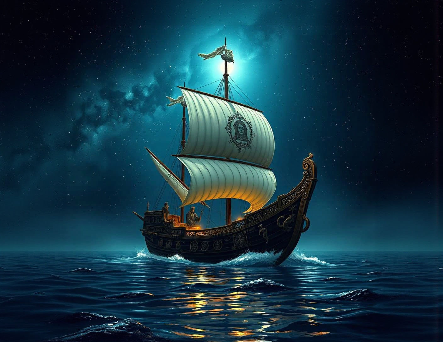 Starlit Galleon Sailing on Cosmic Sea, Matte Painting