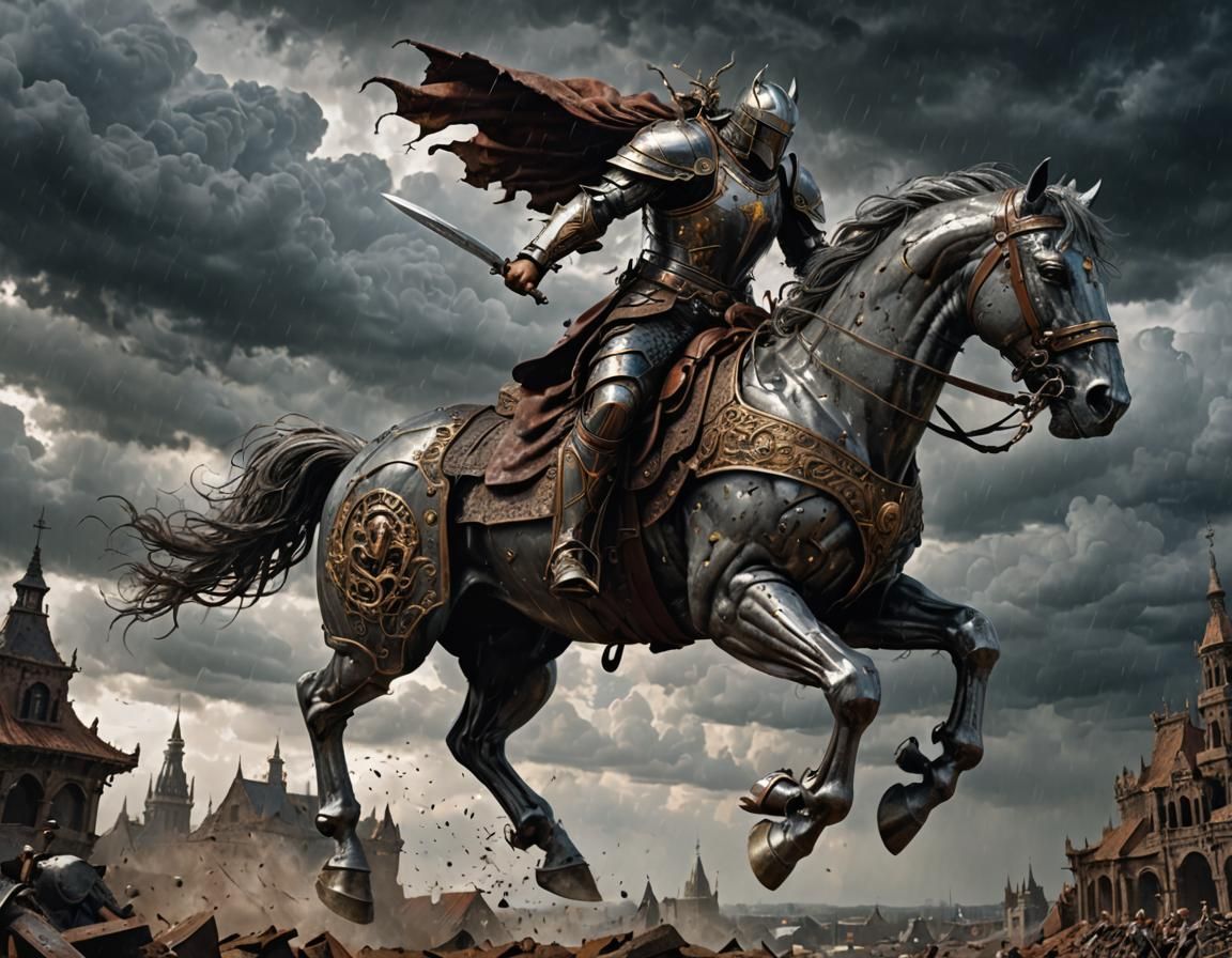 Armored Warhorse Leaps Over Battlefield, Dark Fantasy Art