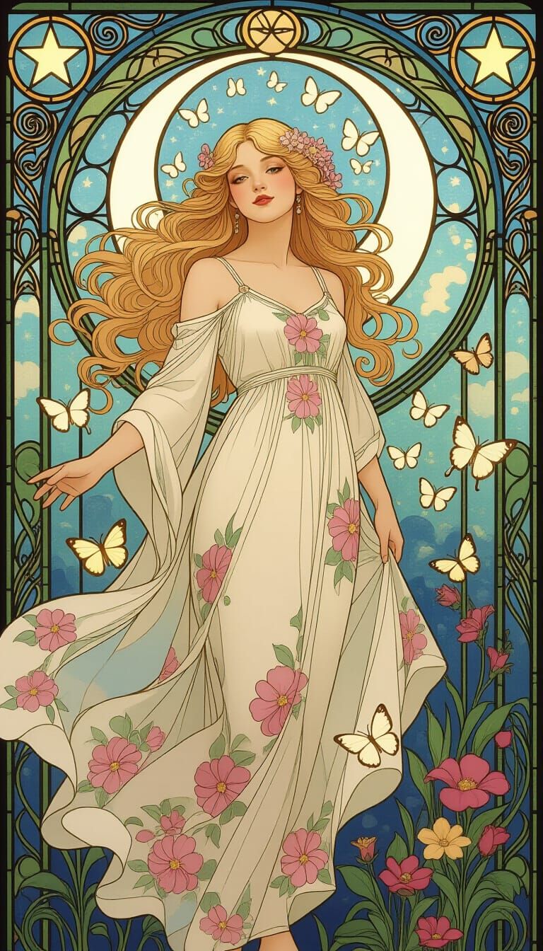 Divine Woman with Butterflies in Art Nouveau Style