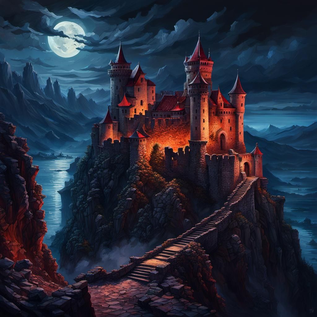 Castle Dracula Ruins at Night, in Oil Painting Style