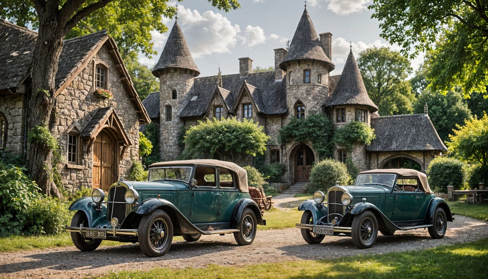 Antique Cars in Front of a Whimsical Elven Cottage
