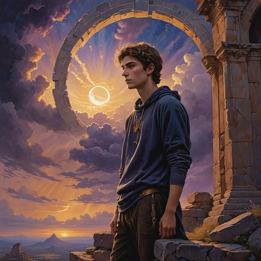 Mystical Teenager at Ancient Ruins in Ethereal Light