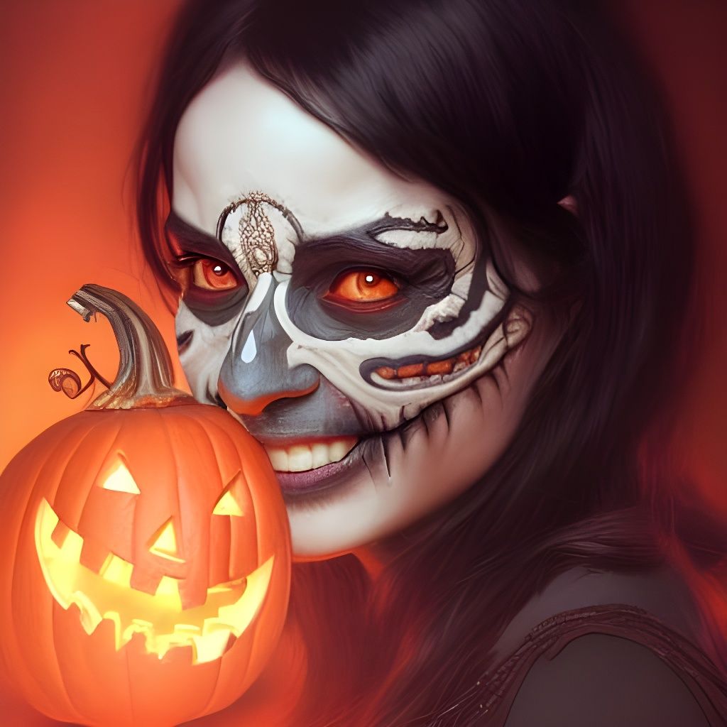 Happy Halloween: Hyperrealistic Portrait of Woman with Pumpk...