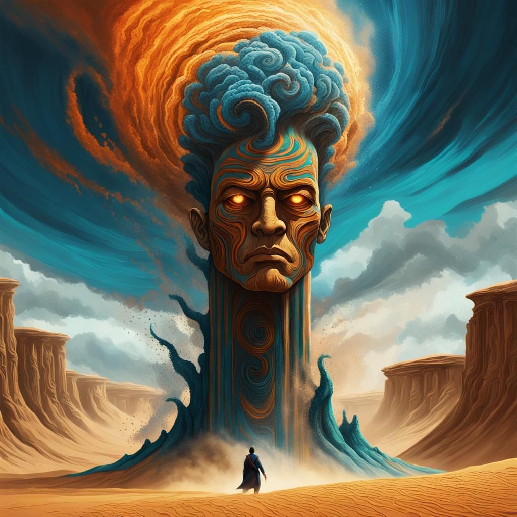 Towering Sandstorm Figure in Desert Landscape