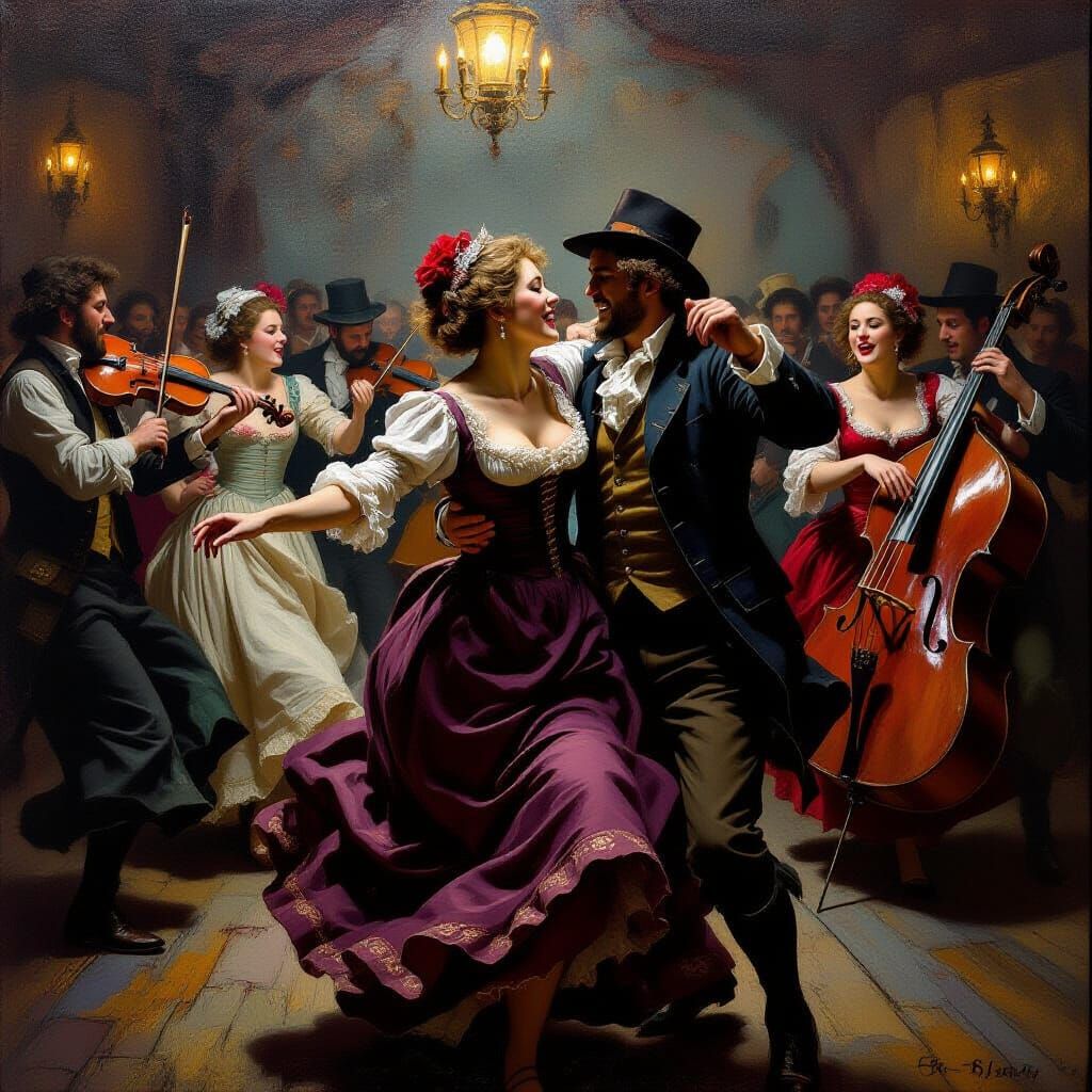 Frenetic 18th-Century Dance Hall in Oil Painting Style