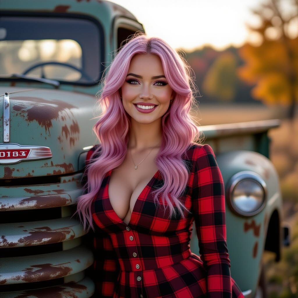 Pink Haired Woman Leans on Truck in Fall