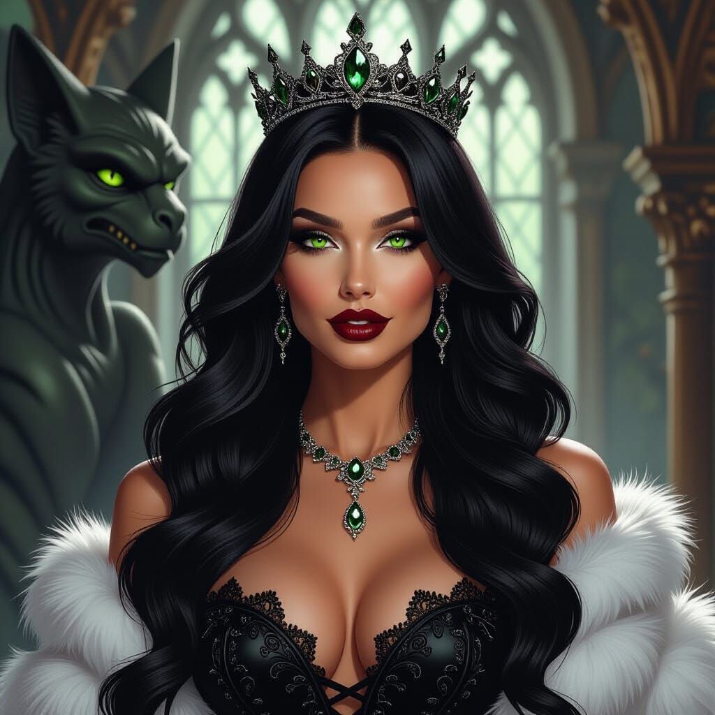 Gothic Glamour: Woman Beside Gargoyle in Dark Opulence