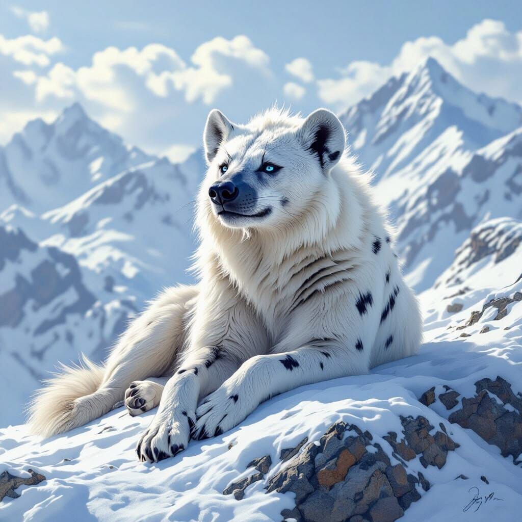 Regal White Hyena on Windswept Mountaintop