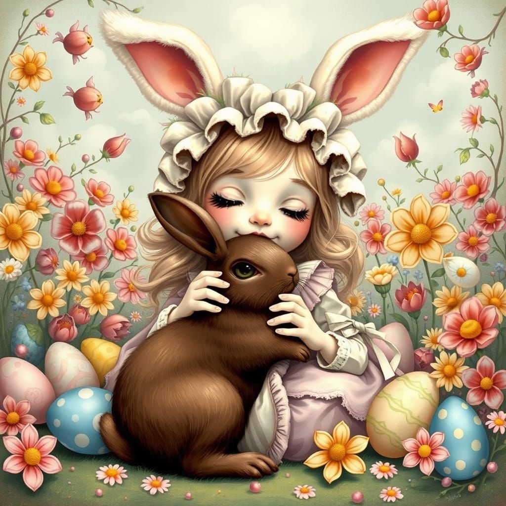 Girl with Pastel Easter Bonnet and Chocolate Rabbit in Whims...