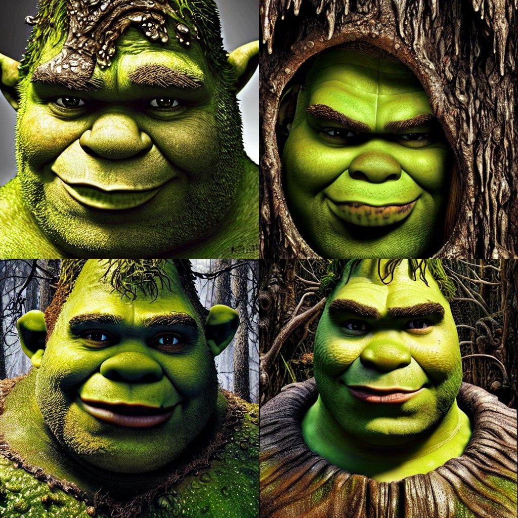 Hyperrealistic Shrek Portrait in Swampy Forest