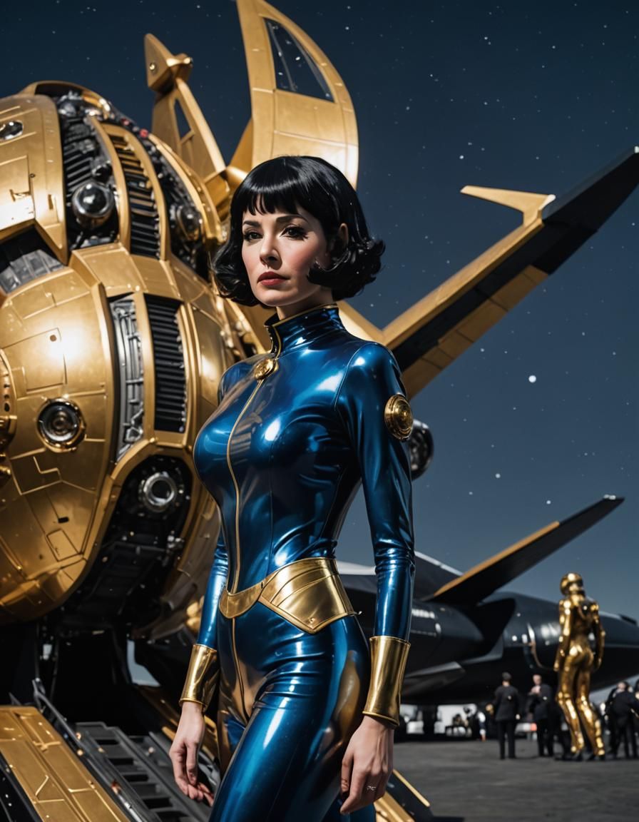 Woman in Latex Suit in Front of Spaceship