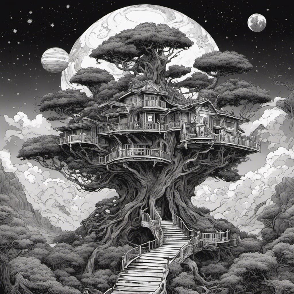 Solar System Bonsai Treehouse in Comic Book Style