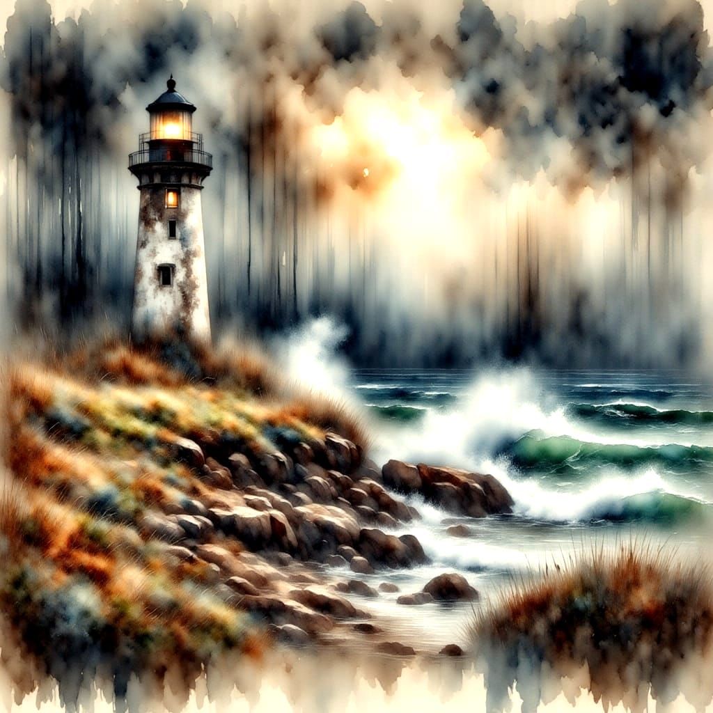 Stormy Coast Lighthouse in Antique Watercolor Style