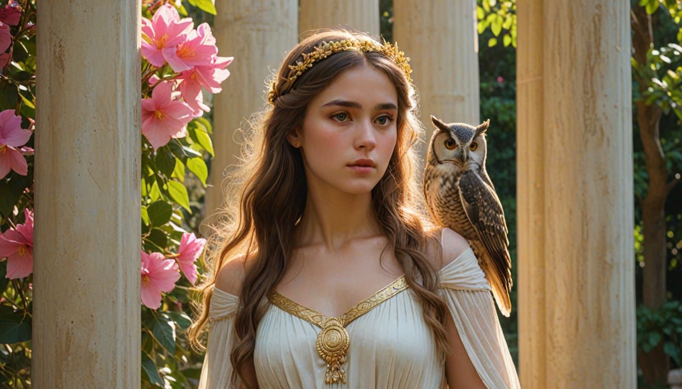 Goddess Athena Surrounded by Marble and Bougainvillea in Sym...