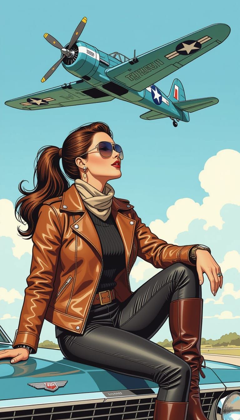 Brunette Pilot Gazing at Corsair, in Comic Art Style