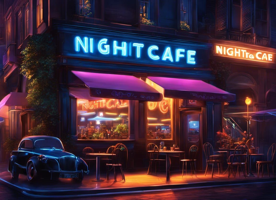 Glowing Neon "Nightcafe" Sign on Busy Street