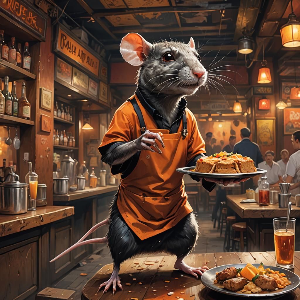 Hyper-Realistic Rat Waiter in Vibrant Bar Scene