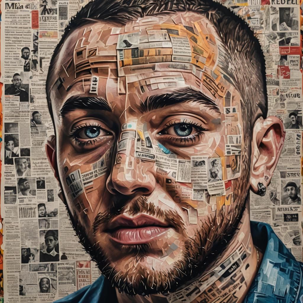 Mac Miller Portrait with Newspaper Face, Hyperrealistic Art