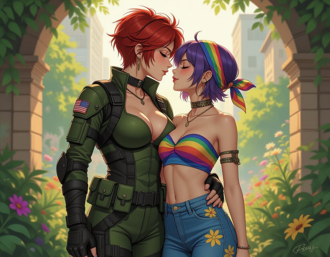 Anime Soldier Kisses Hippie Woman in City Garden