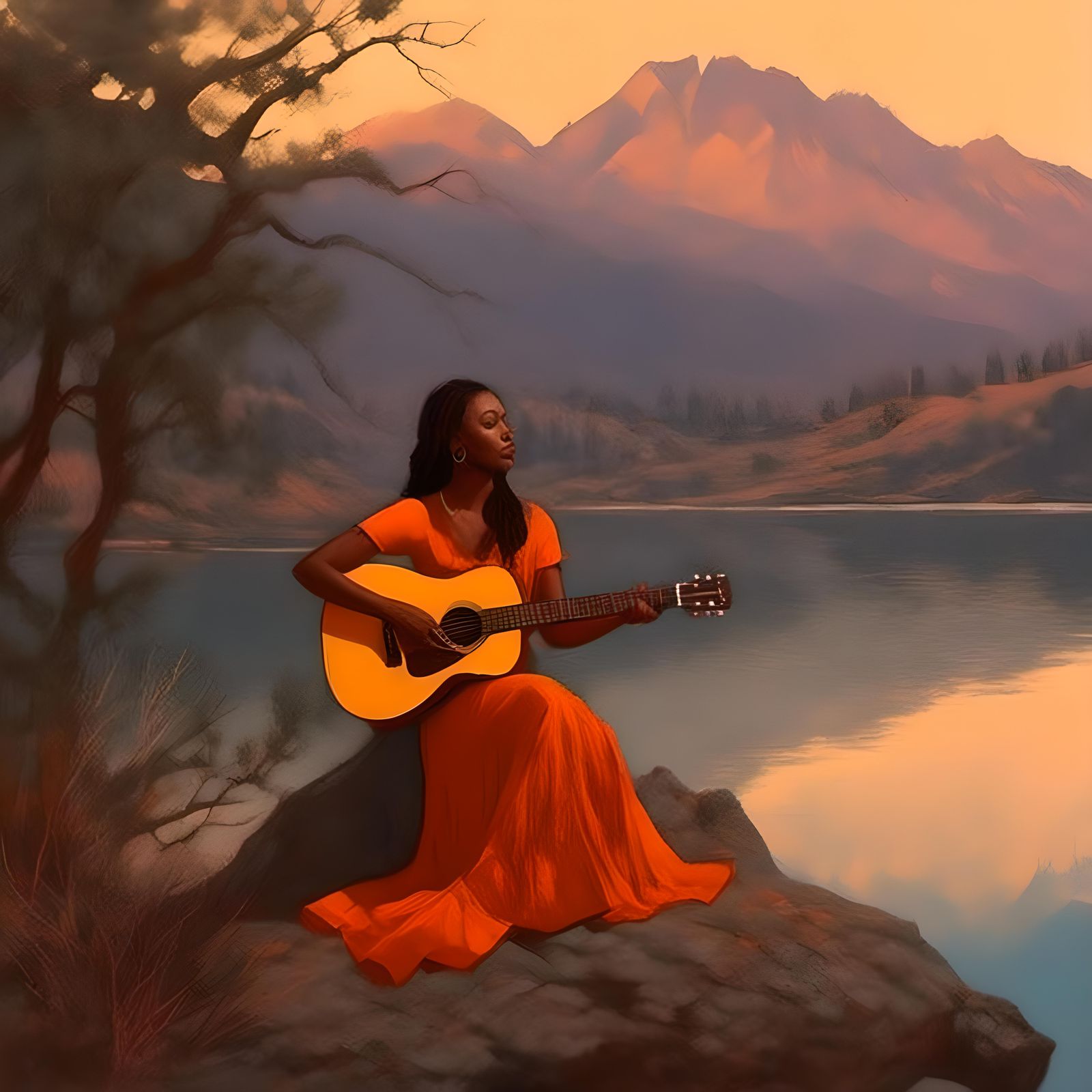 Folk Singer at Lake with Burning Mountains