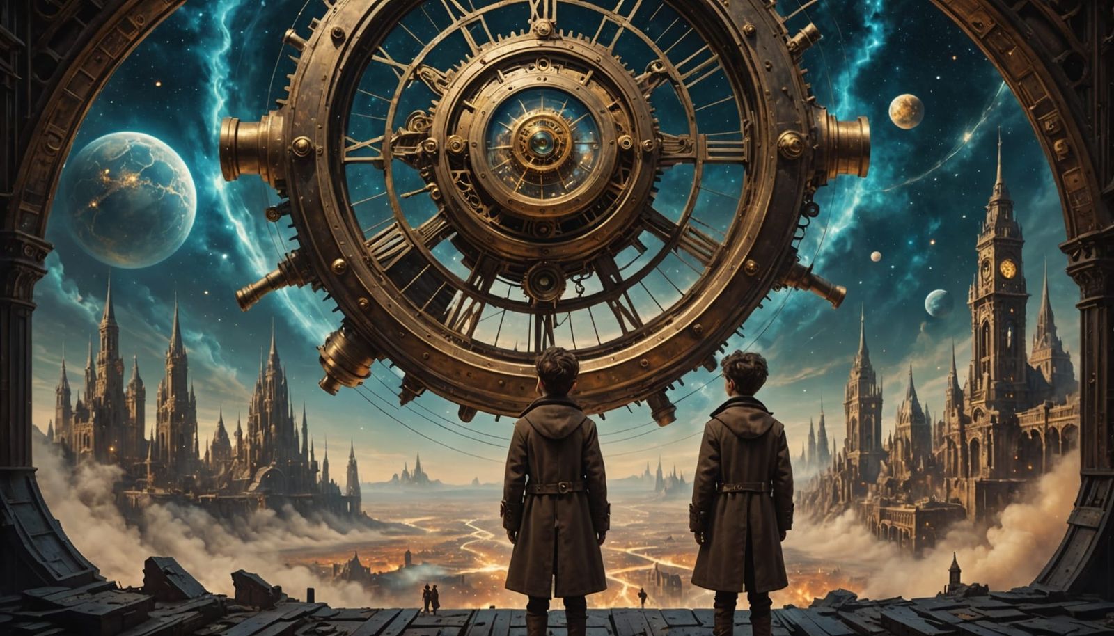 Boy Gazes at Floating Clockwork City in Nebula