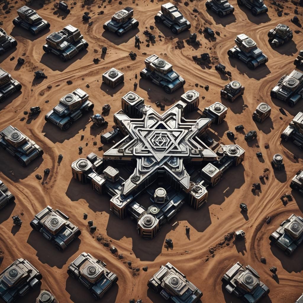Futuristic Tanks Form Star of David in Sci-Fi Scene