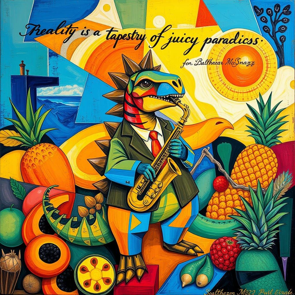 Cubist Stegosaurus Plays Saxophone in Vibrant Fragmented Lan...