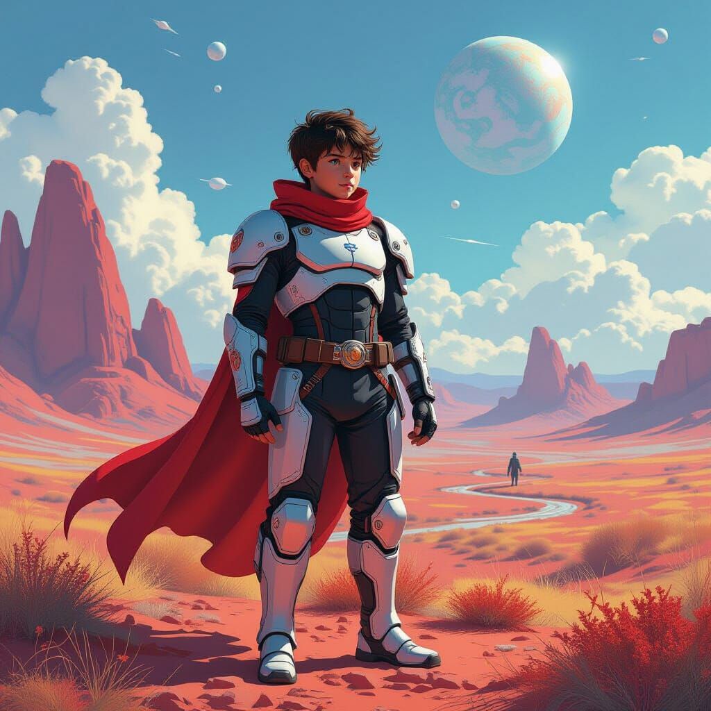 Heroic Adventurer in Alien Landscape, Futuristic Style