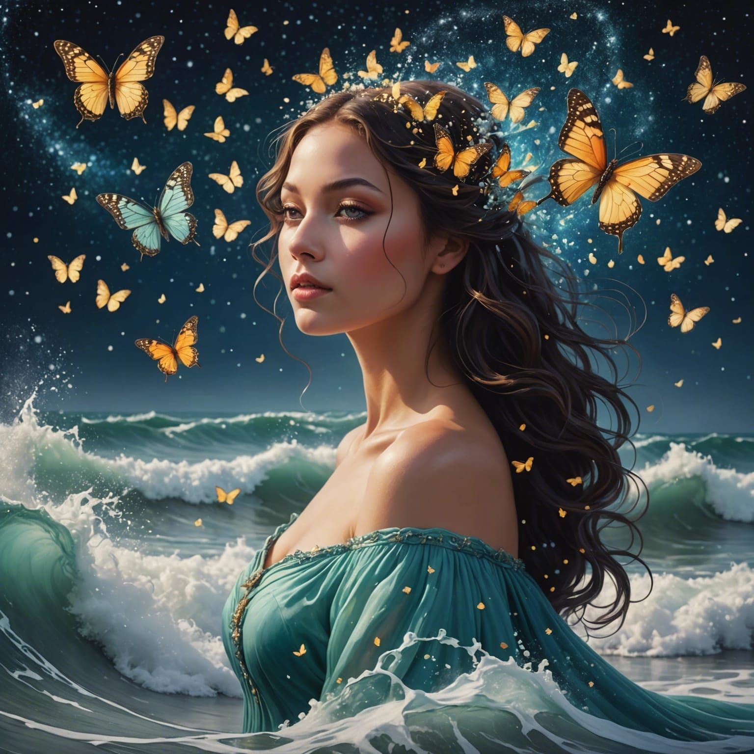 Butterfly Emerges from Sea Foam Under Starry Sky